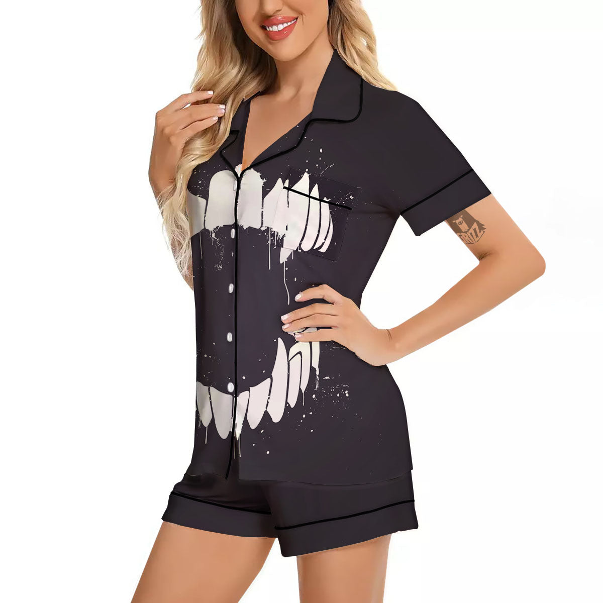 Dracula Fang Print Women Silk Pajamas-grizzshop