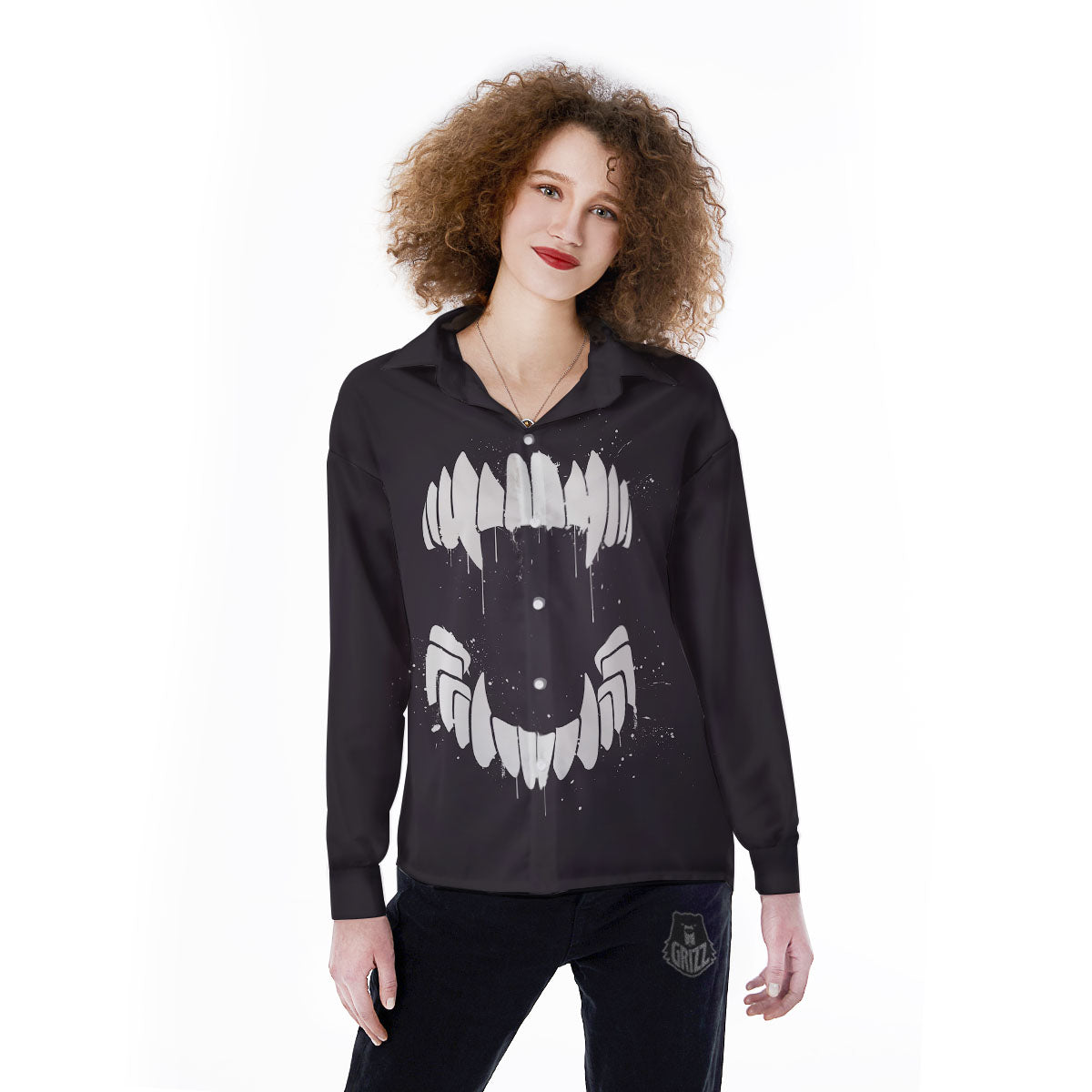 Dracula Fang Print Women's Long Sleeve Shirts-grizzshop