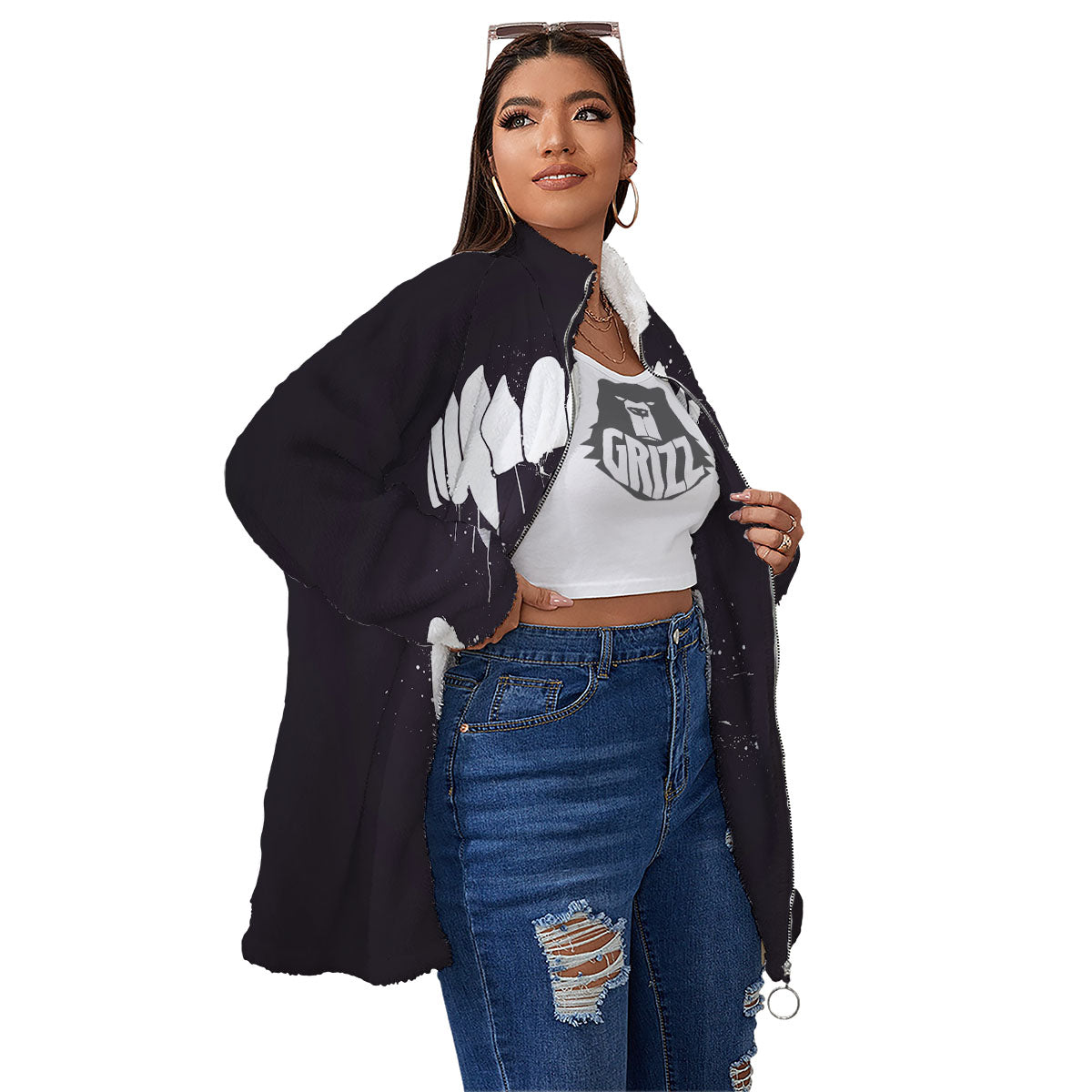 Dracula Fang Print Women's Sherpa Jacket-grizzshop