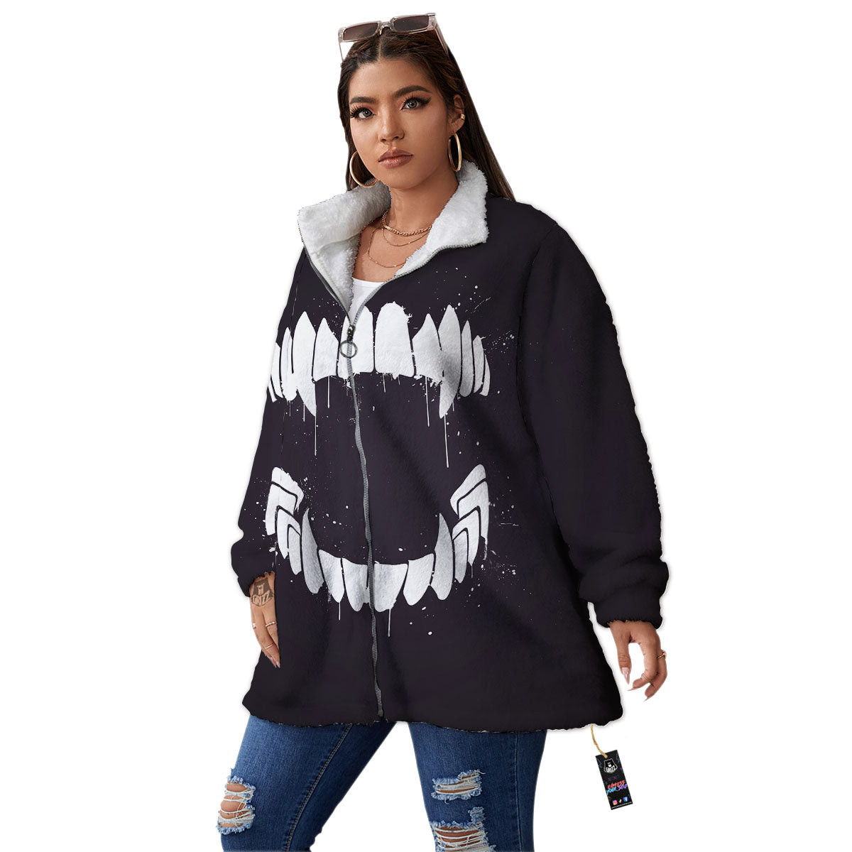 Dracula Fang Print Women's Sherpa Jacket-grizzshop