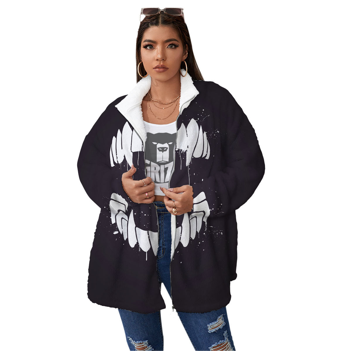 Dracula Fang Print Women's Sherpa Jacket-grizzshop