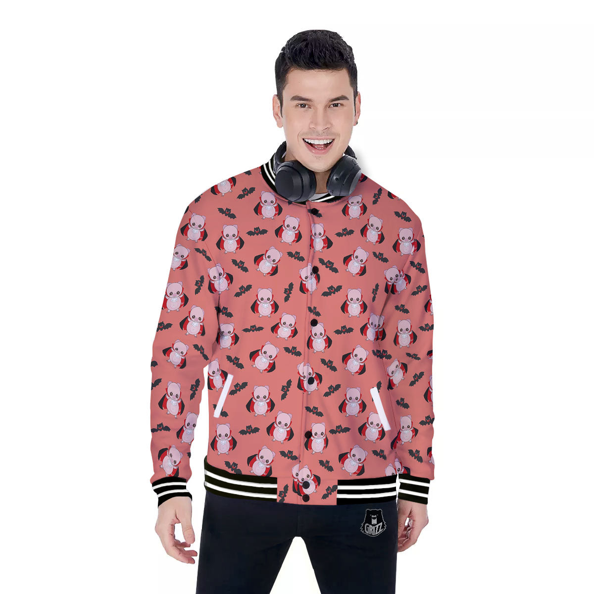 Dracula Pig Print Pattern Baseball Jacket-grizzshop