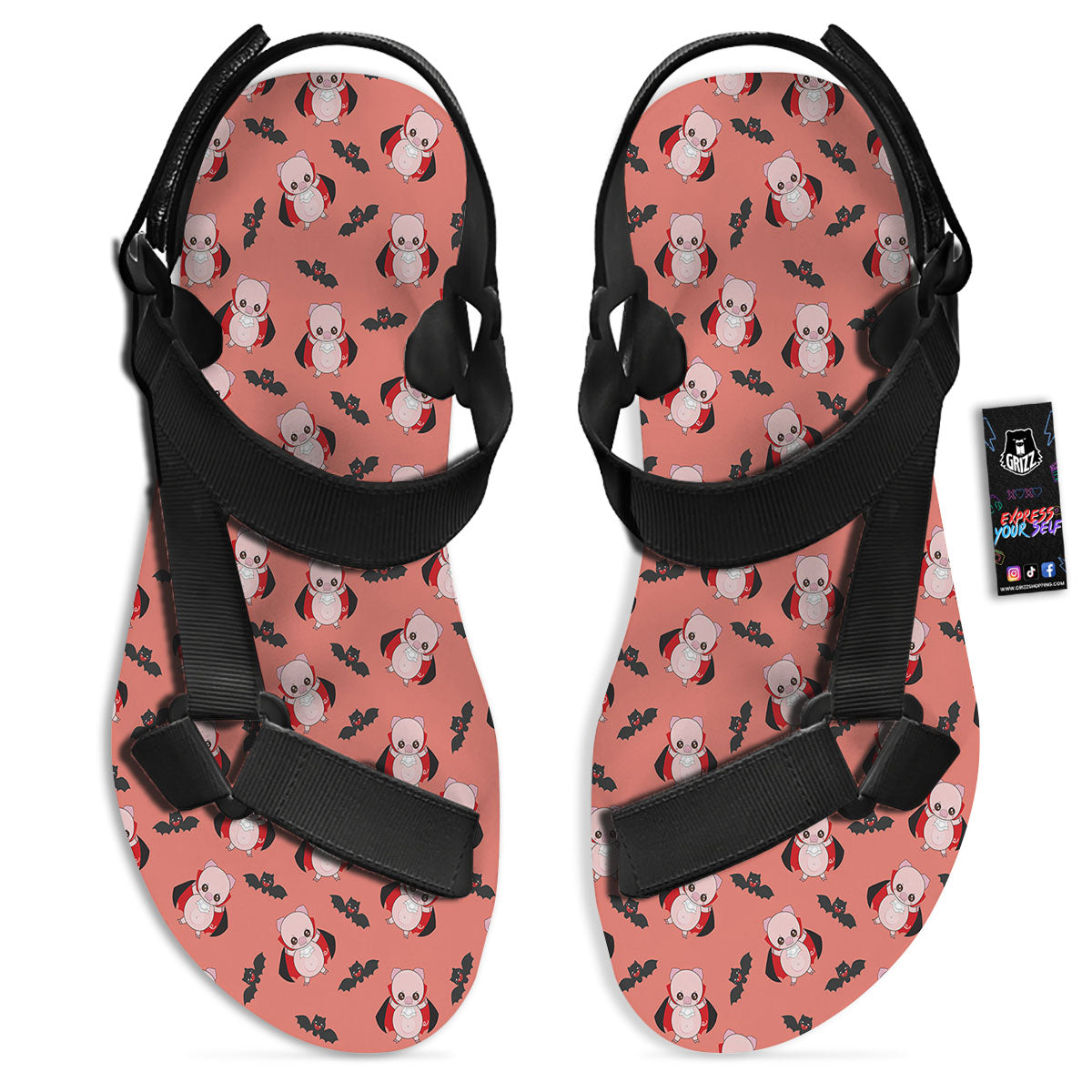 Dracula Pig Print Pattern Black Open Toe Sandals-grizzshop