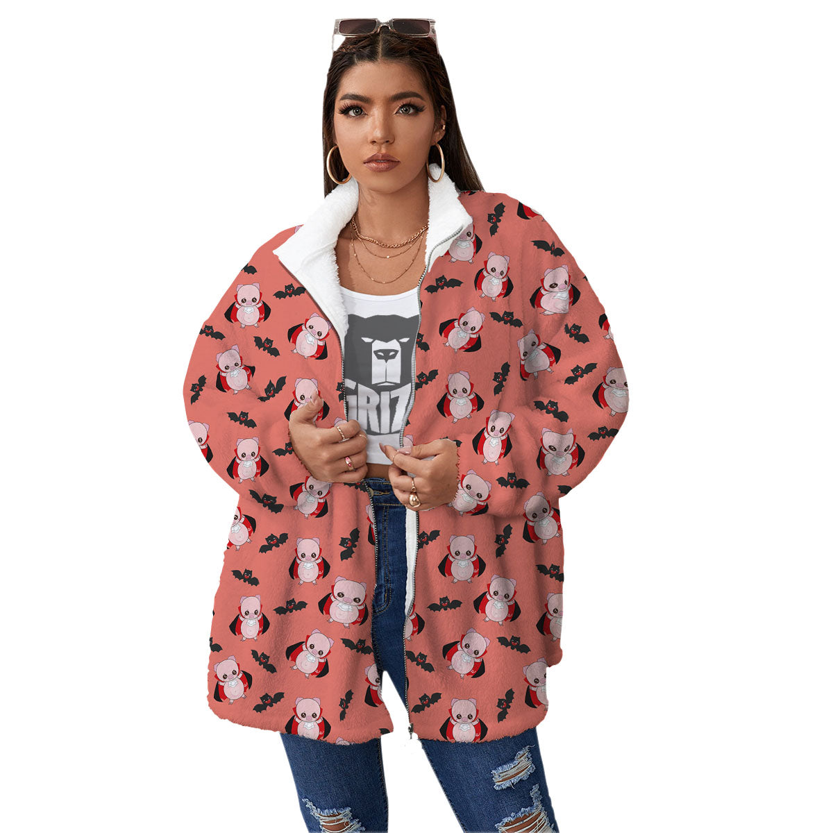 Dracula Pig Print Pattern Women's Sherpa Jacket-grizzshop
