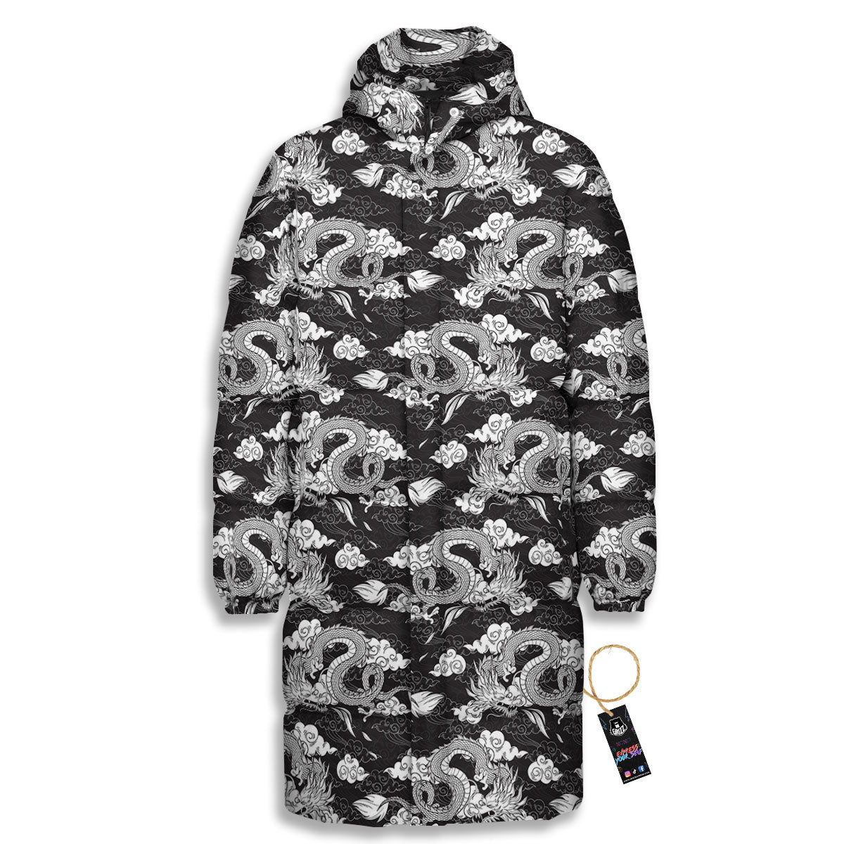 Dragon Eastern Print Pattern Long Down Jacket-grizzshop