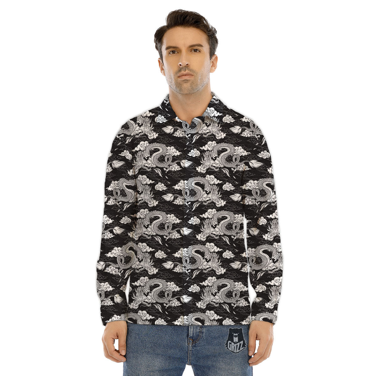 Dragon Eastern Print Pattern Men's Dress Shirts-grizzshop