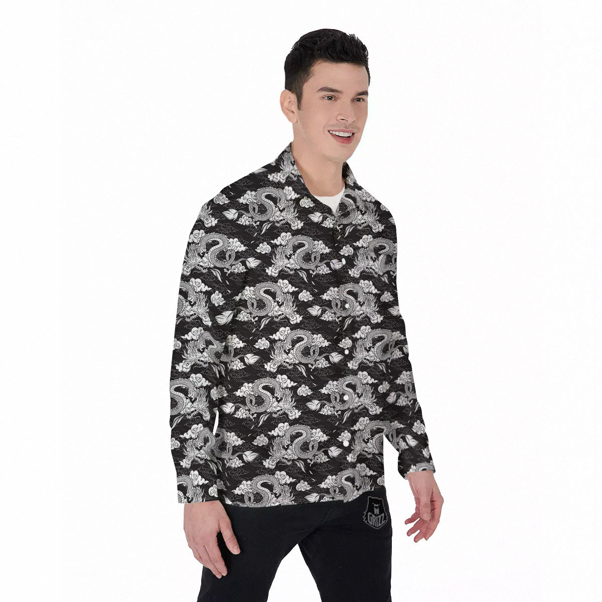 Dragon Eastern Print Pattern Men's Long Sleeve Shirts-grizzshop