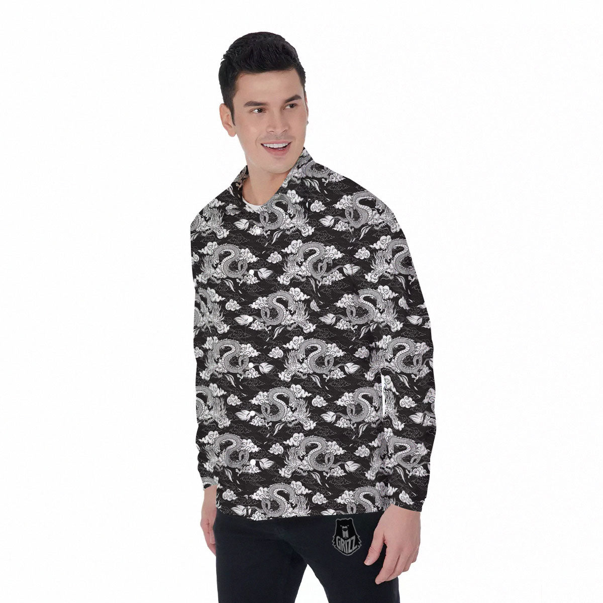 Dragon Eastern Print Pattern Men's Long Sleeve Shirts-grizzshop