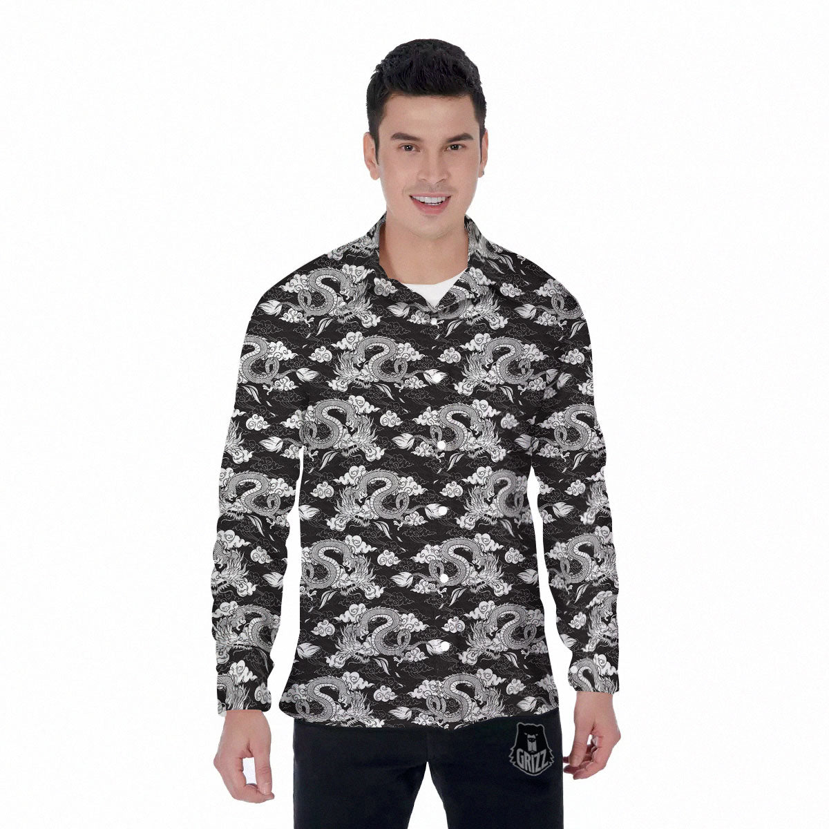 Dragon Eastern Print Pattern Men's Long Sleeve Shirts-grizzshop