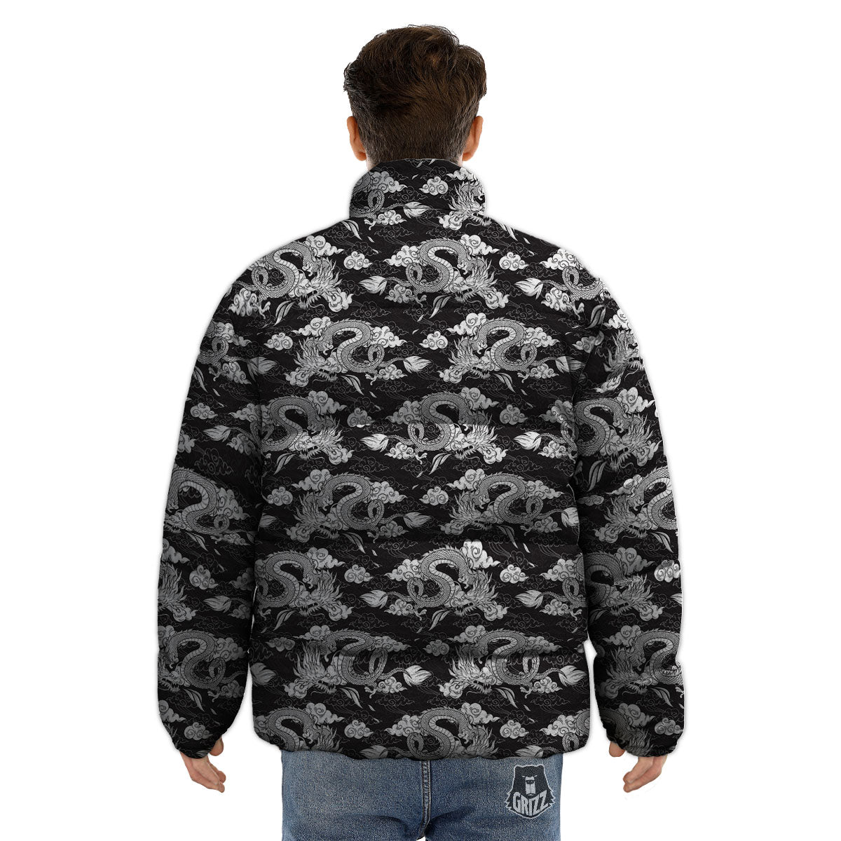 Dragon Eastern Print Pattern Puffer Jacket-grizzshop