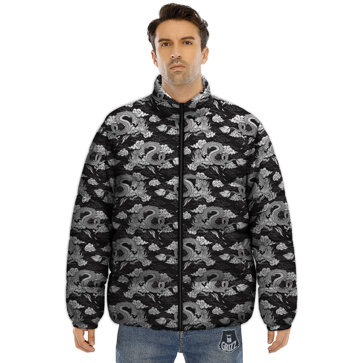 Dragon Eastern Print Pattern Puffer Jacket-grizzshop