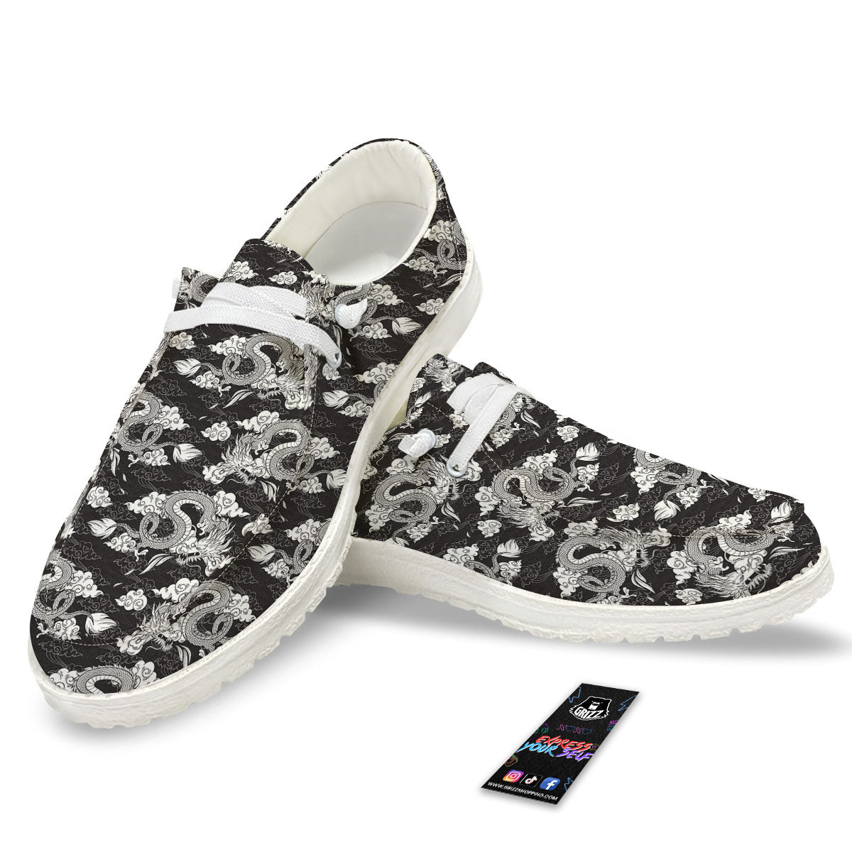 Dragon Eastern Print Pattern White Loafers-grizzshop