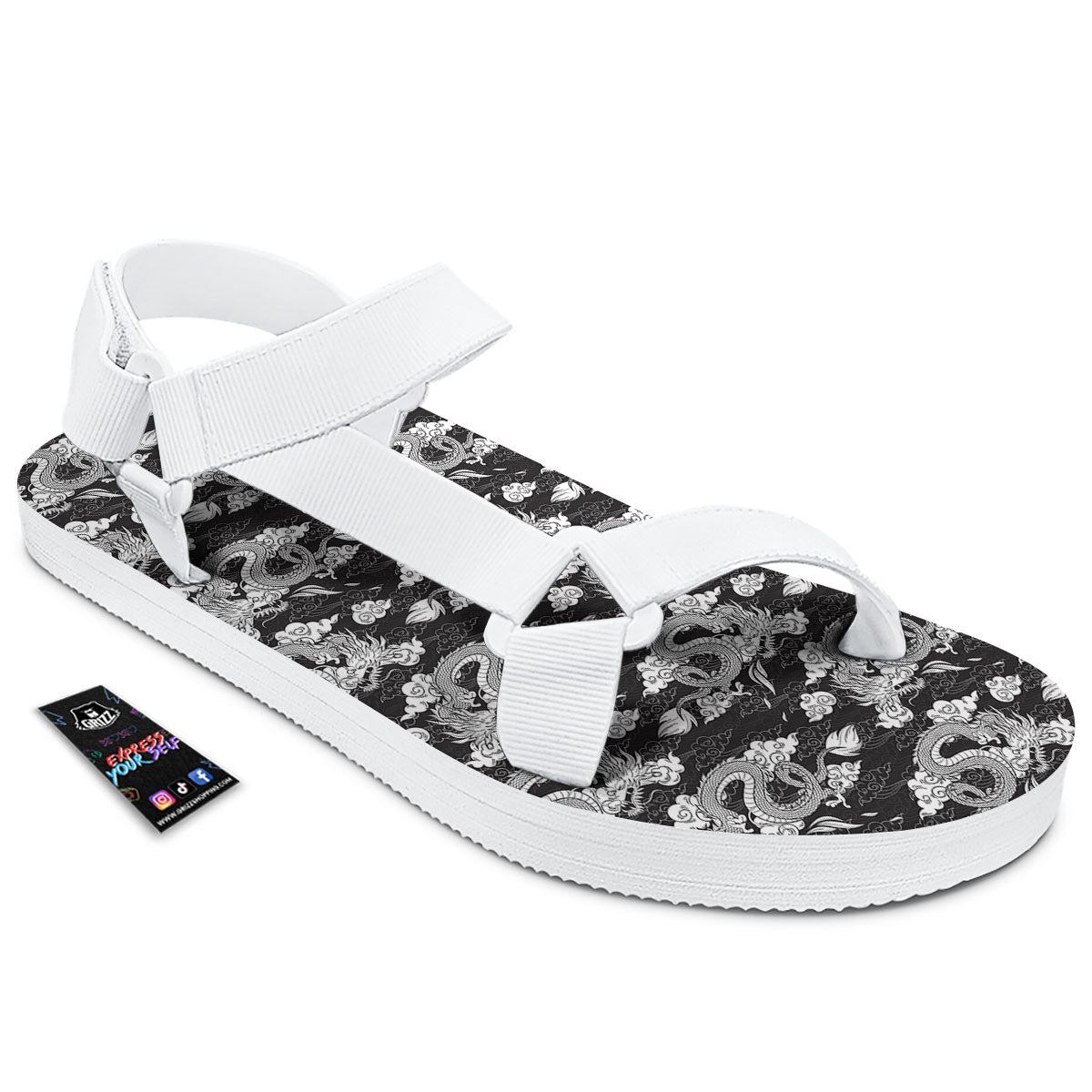 Dragon Eastern Print Pattern White Open Toe Sandals-grizzshop