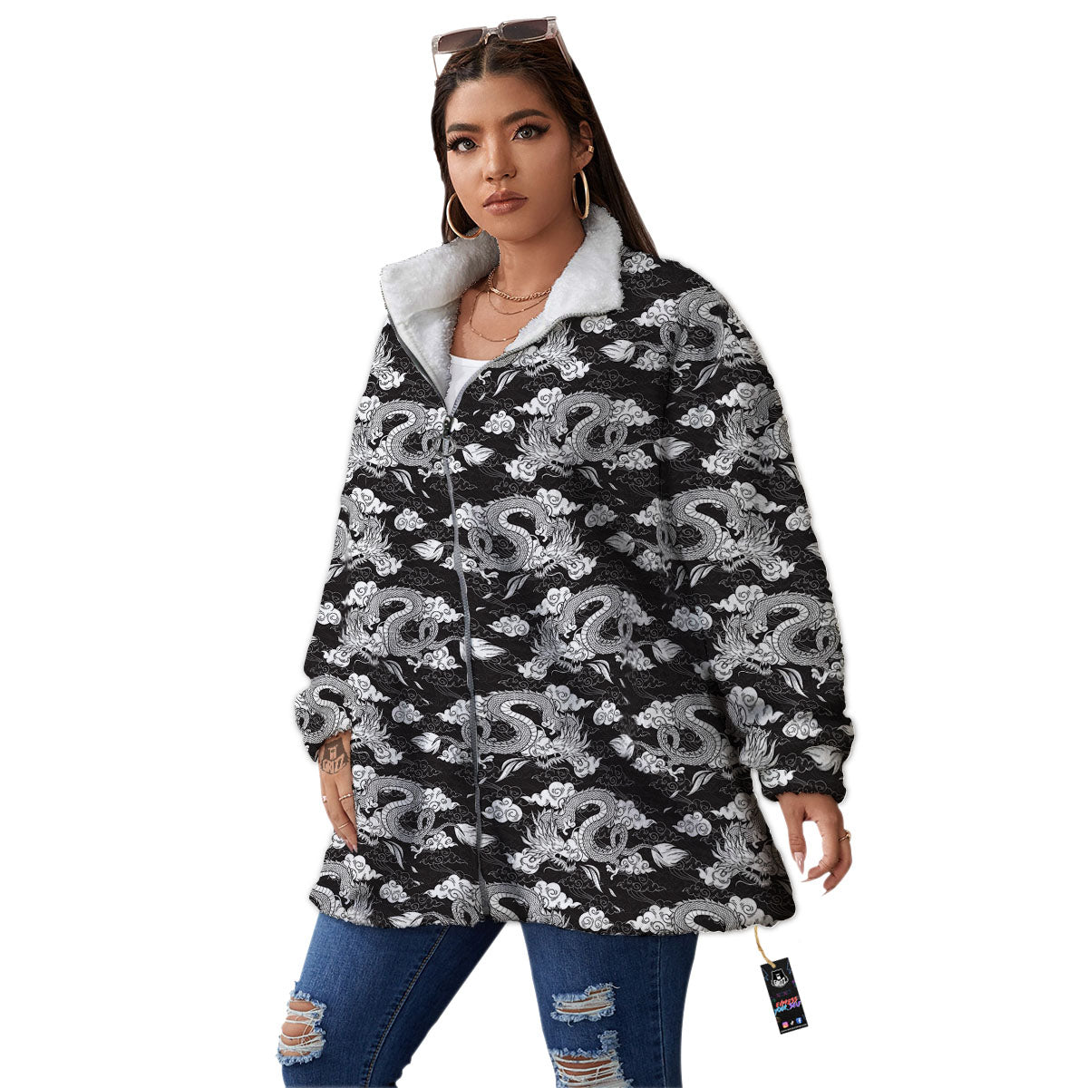 Dragon Eastern Print Pattern Women's Sherpa Jacket-grizzshop
