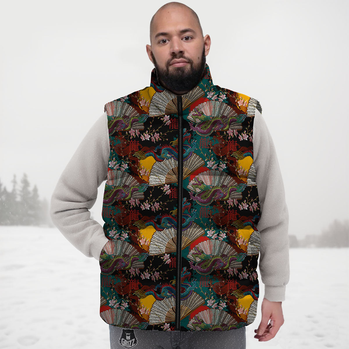 Dragon Embroidery Chinese Print Pattern Down Vest