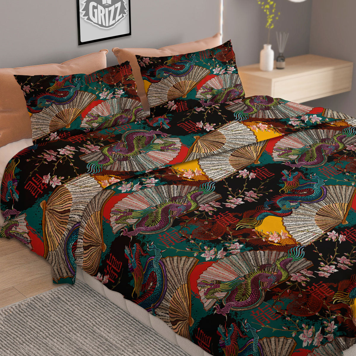 Dragon Embroidery Chinese Print Pattern Duvet Cover Bedding Set