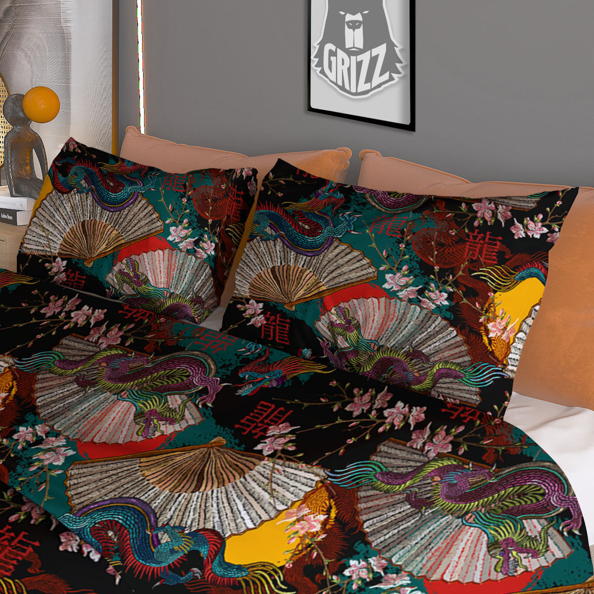 Dragon Embroidery Chinese Print Pattern Duvet Cover Bedding Set