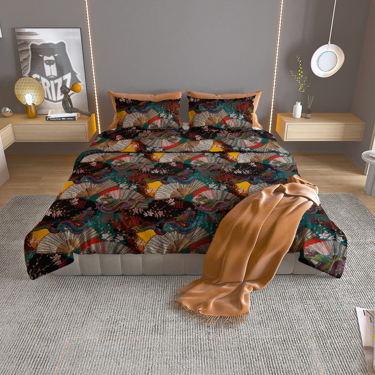 Dragon Embroidery Chinese Print Pattern Duvet Cover Bedding Set
