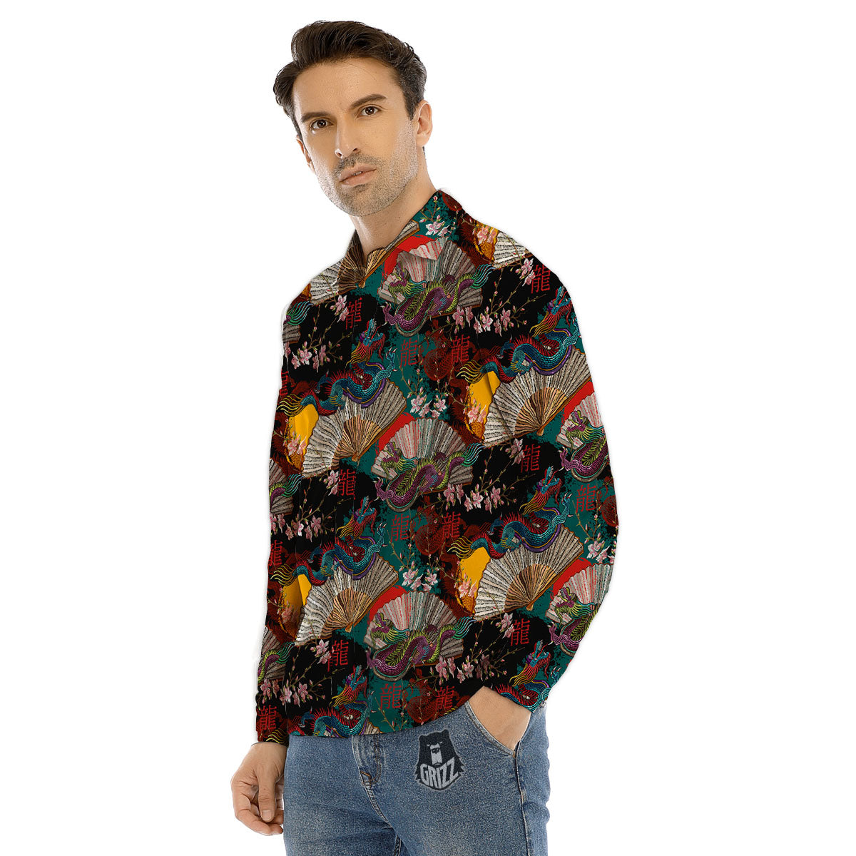 Dragon Embroidery Chinese Print Pattern Men's Dress Shirts-grizzshop
