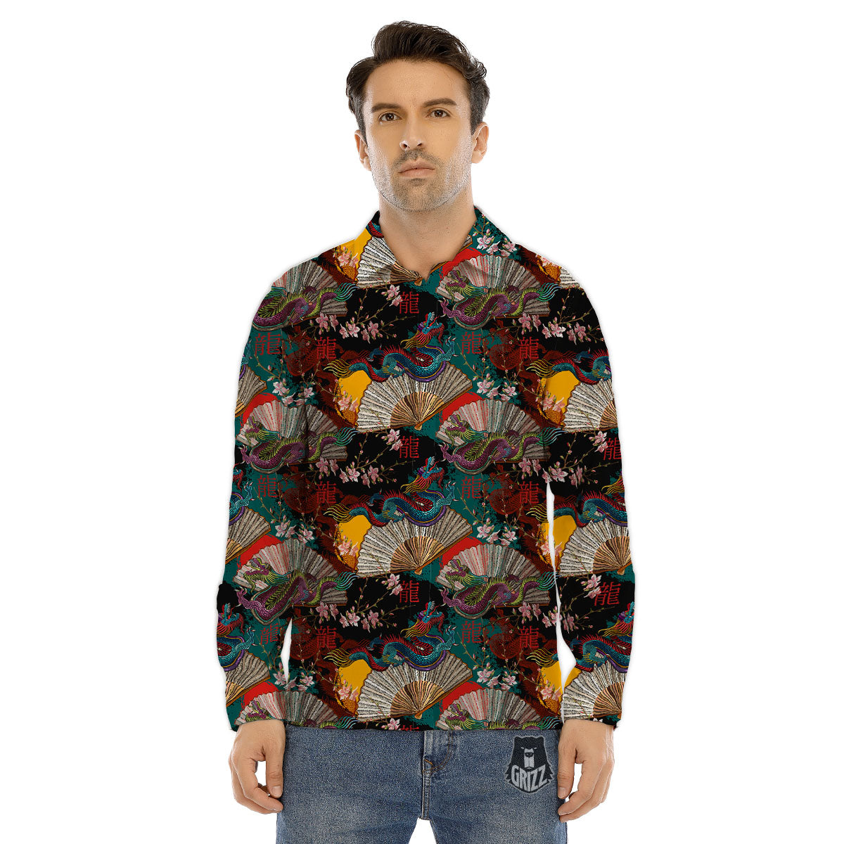 Dragon Embroidery Chinese Print Pattern Men's Dress Shirts-grizzshop
