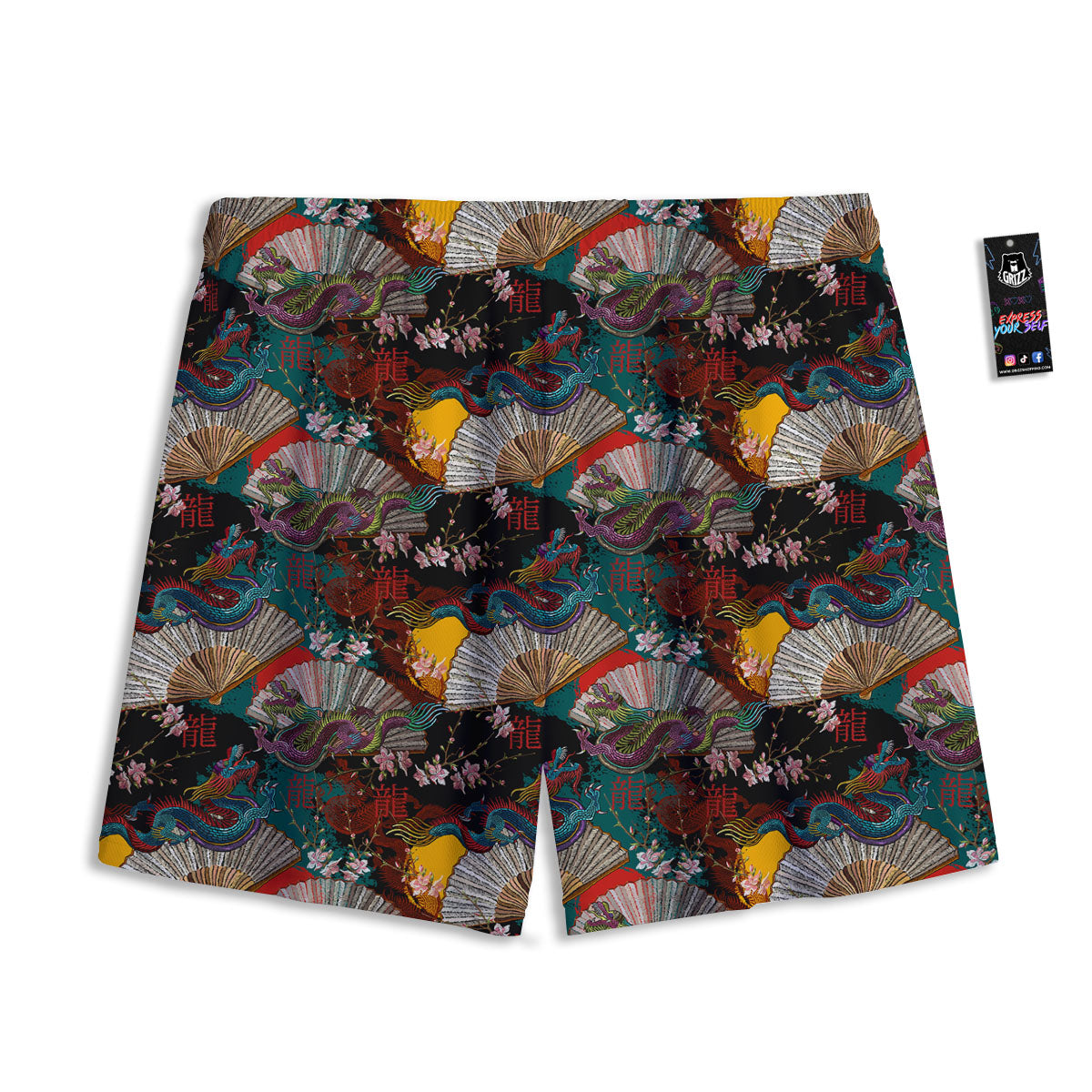 Dragon Embroidery Chinese Print Pattern Mesh Shorts