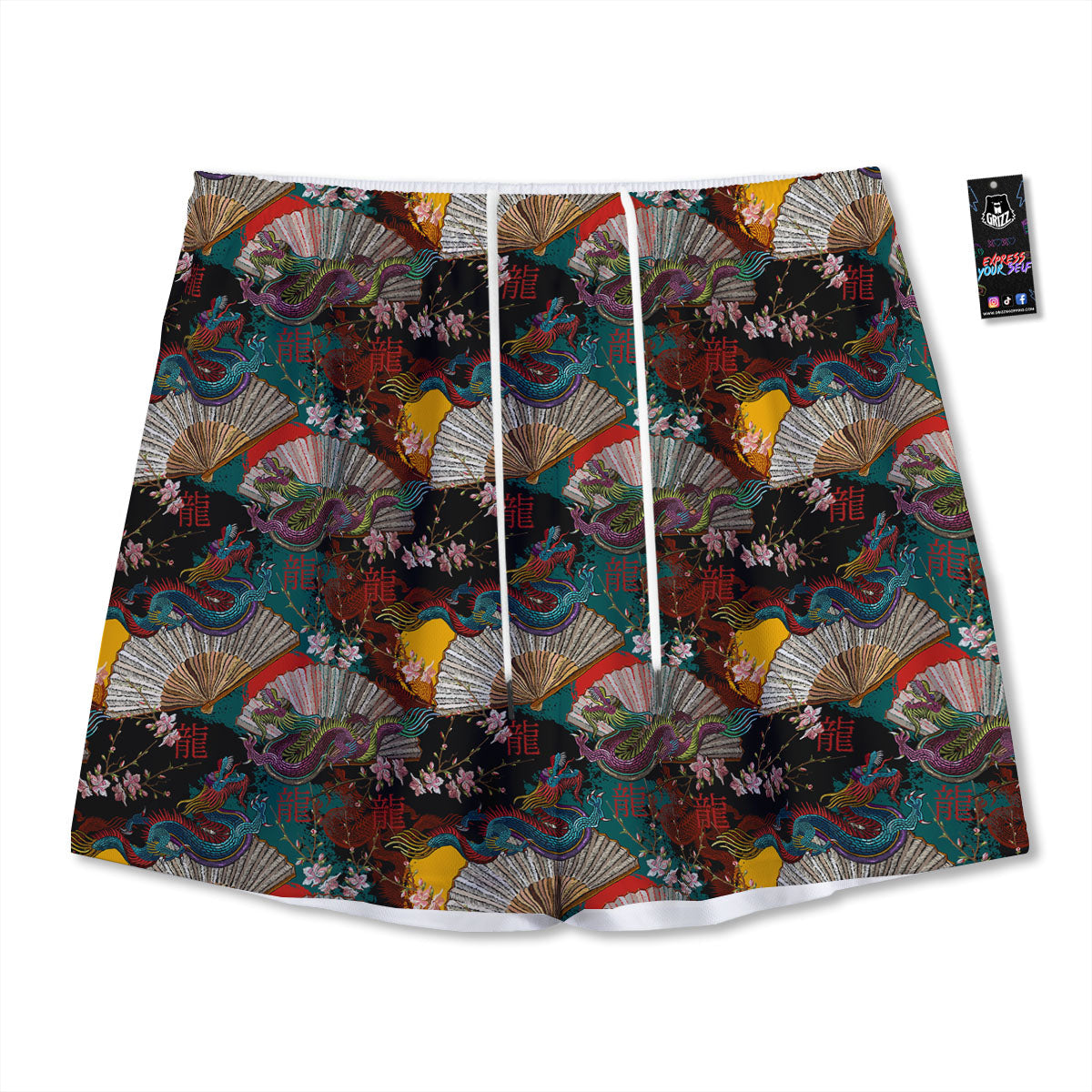Dragon Embroidery Chinese Print Pattern Mesh Shorts