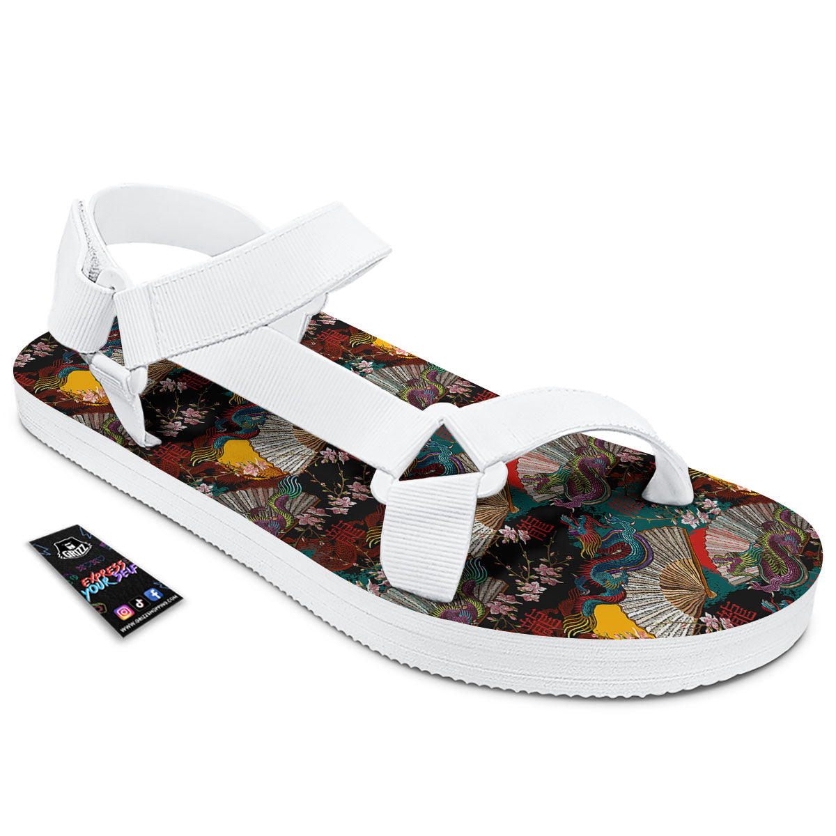 Dragon Embroidery Chinese Print Pattern White Open Toe Sandals-grizzshop