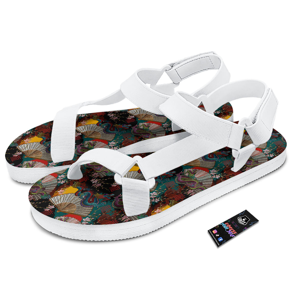 Dragon Embroidery Chinese Print Pattern White Open Toe Sandals-grizzshop