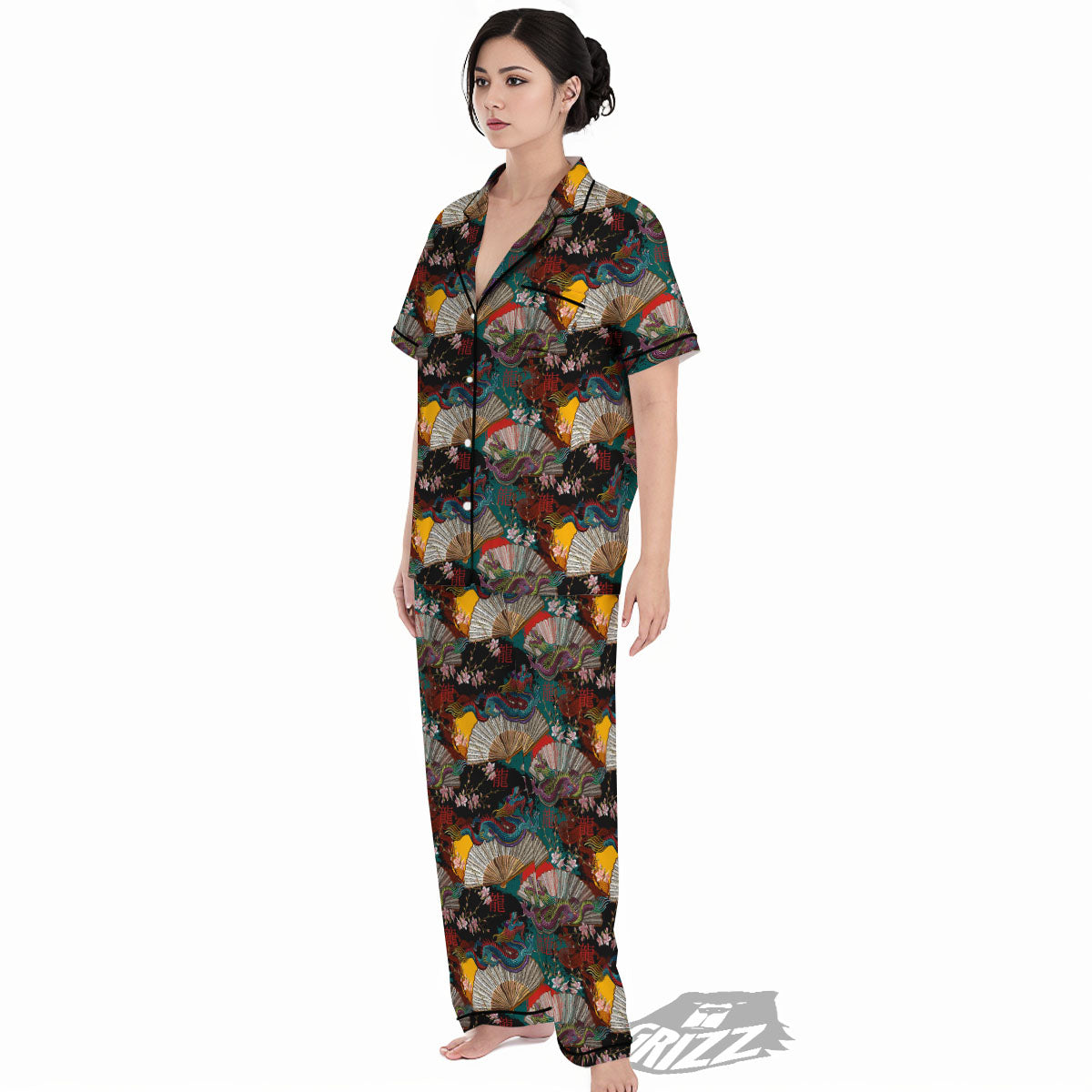 Dragon Embroidery Chinese Print Pattern Women's Pajamas Set-grizzshop