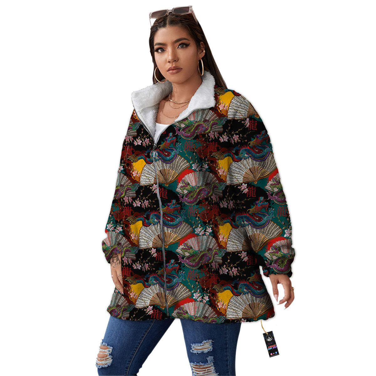 Dragon Embroidery Chinese Print Pattern Women's Sherpa Jacket-grizzshop