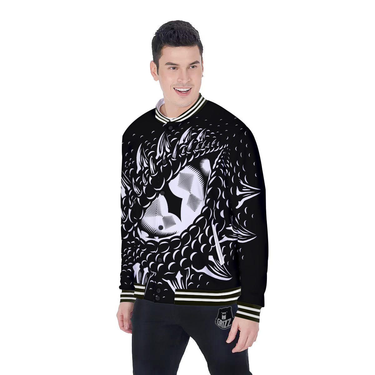 Dragon Eye Print Baseball Jacket-grizzshop