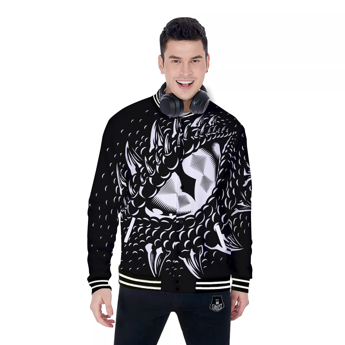 Dragon Eye Print Baseball Jacket-grizzshop