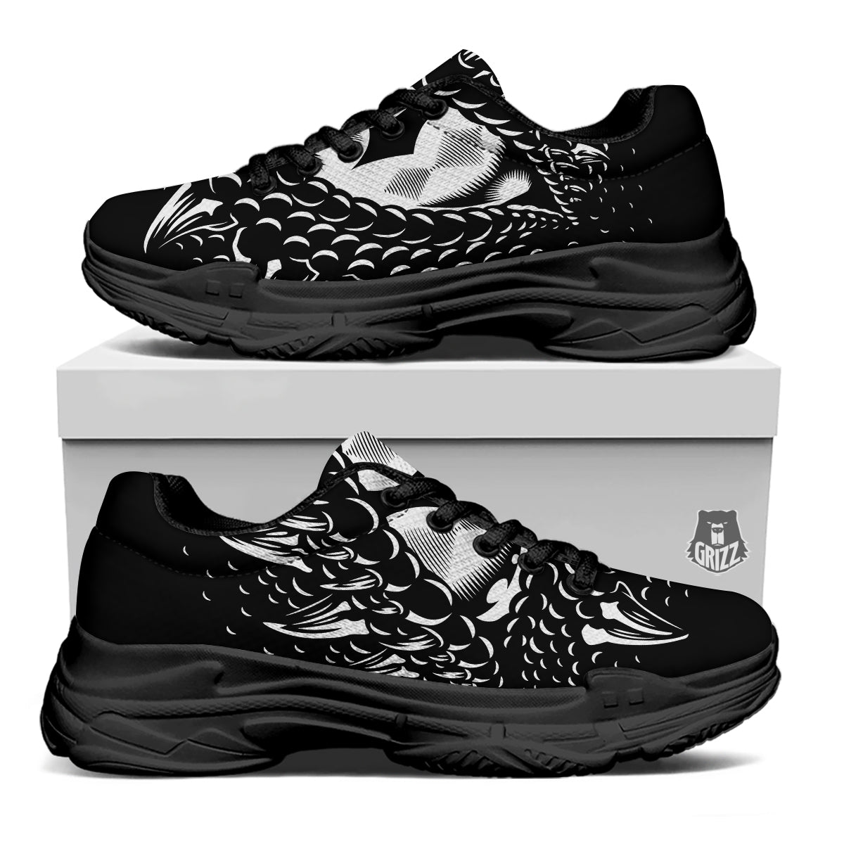 Dragon Eye Print Black Chunky Shoes-grizzshop