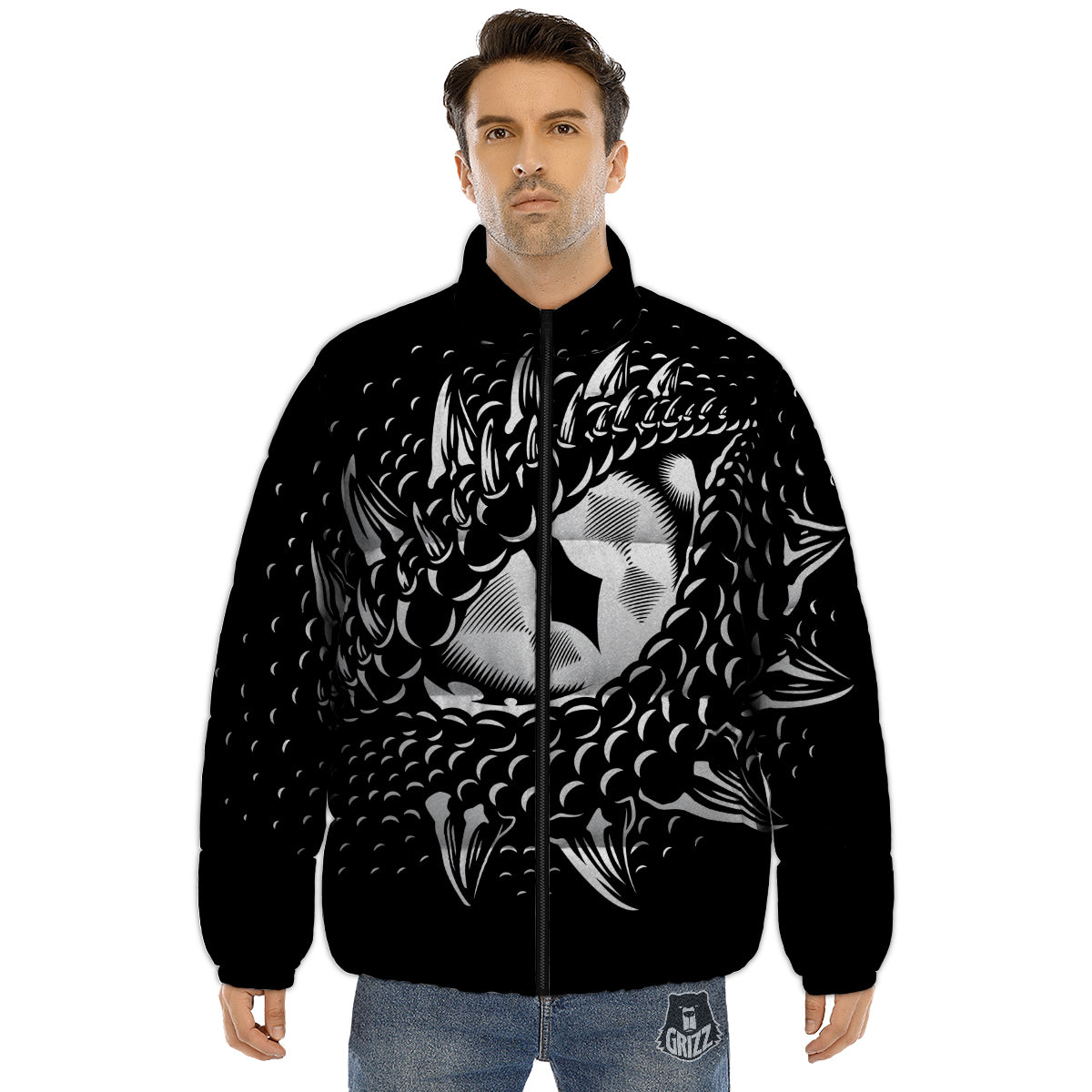 Dragon Eye Print Puffer Jacket-grizzshop