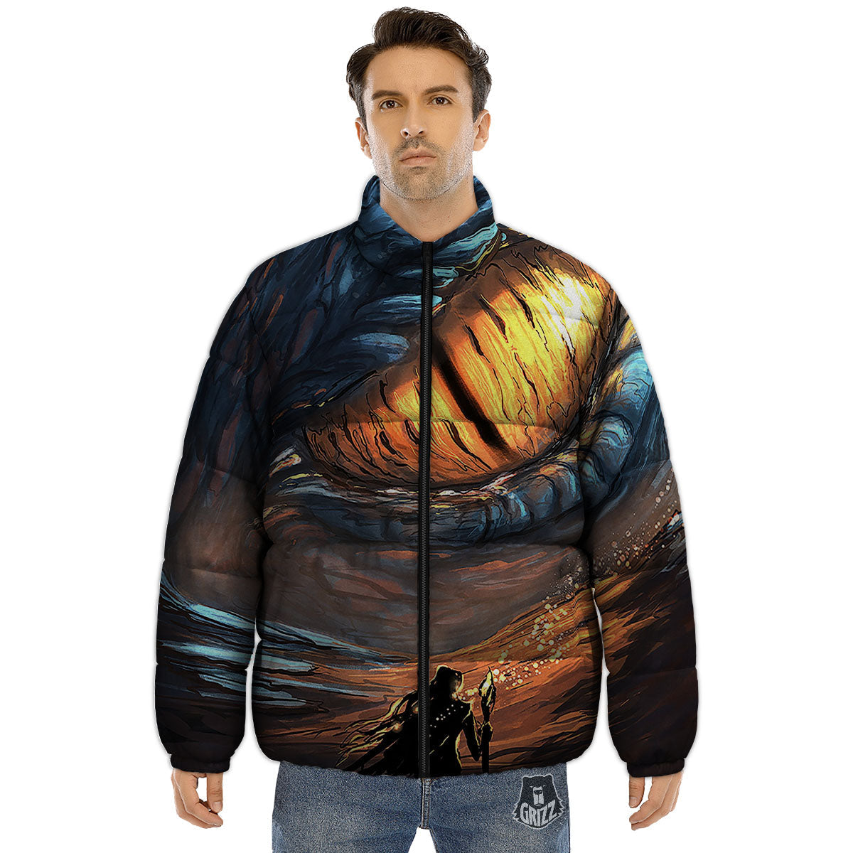 Dragon Eyes Watercolor Print Puffer Jacket-grizzshop