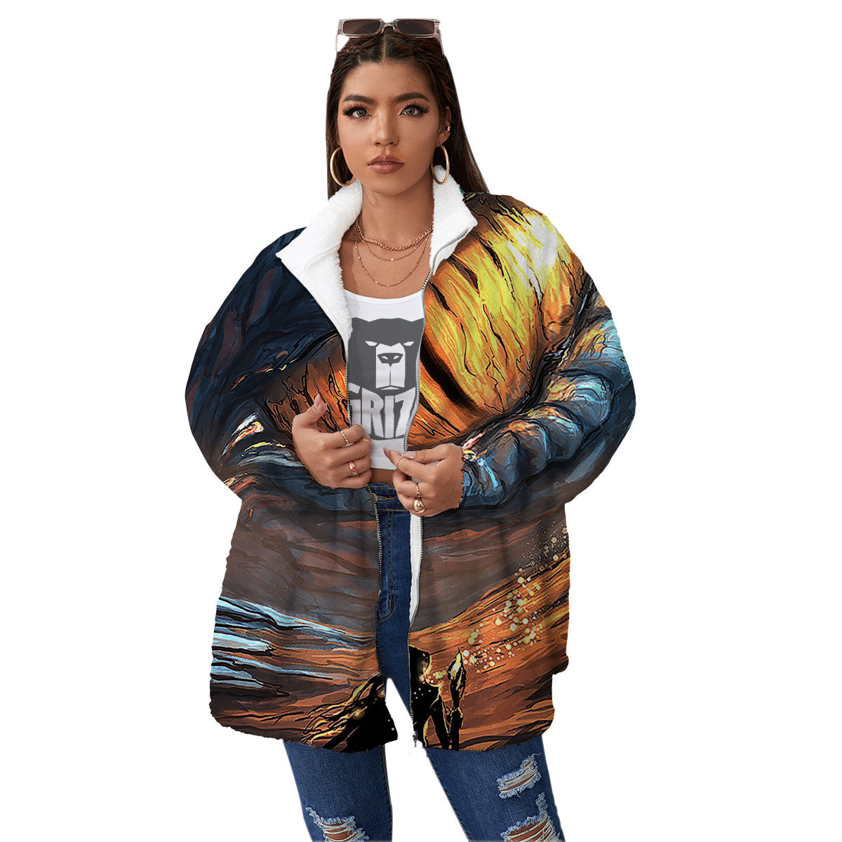 Dragon Eyes Watercolor Print Women's Sherpa Jacket-grizzshop