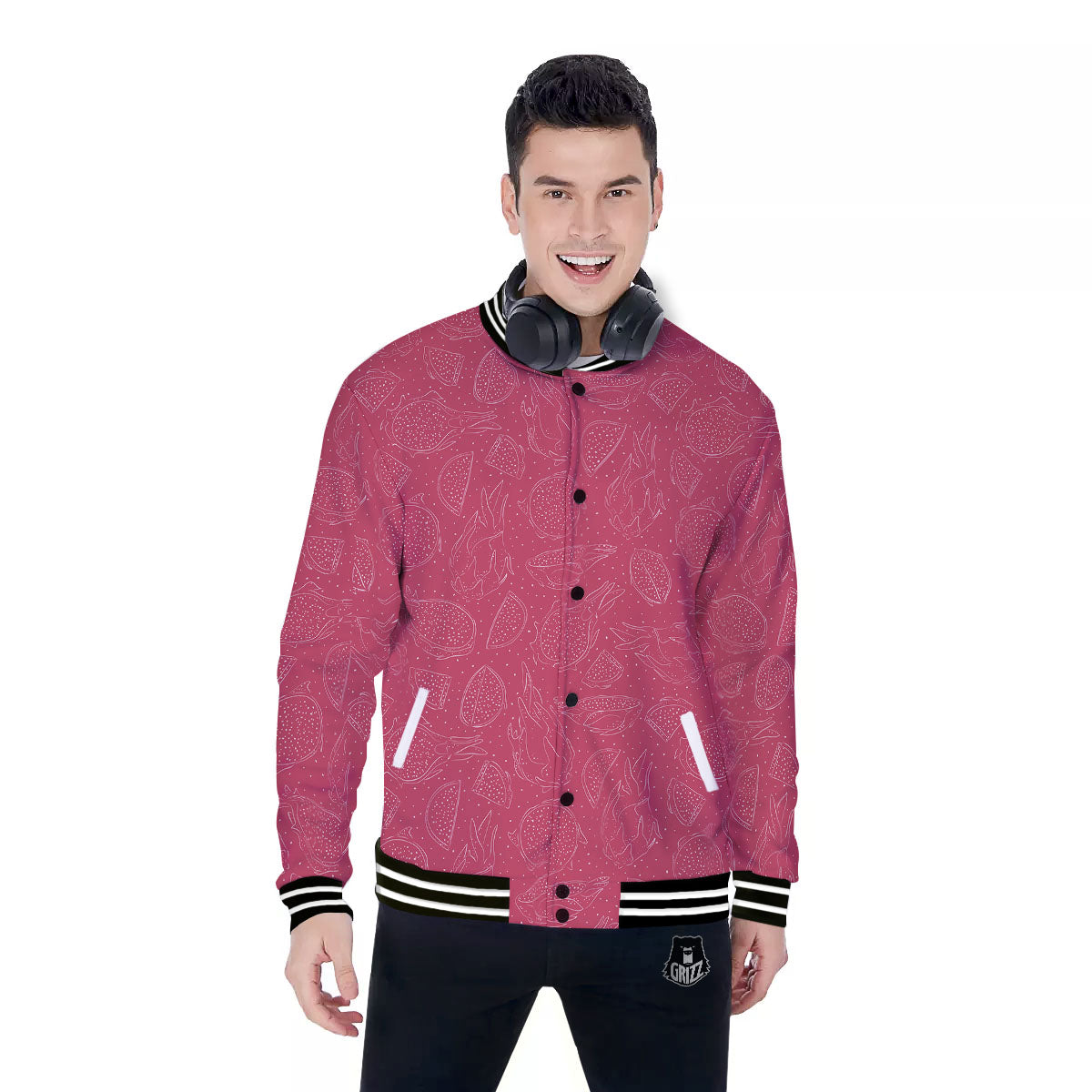 Dragon Fruit Hand Drawn Print Pattern Baseball Jacket-grizzshop