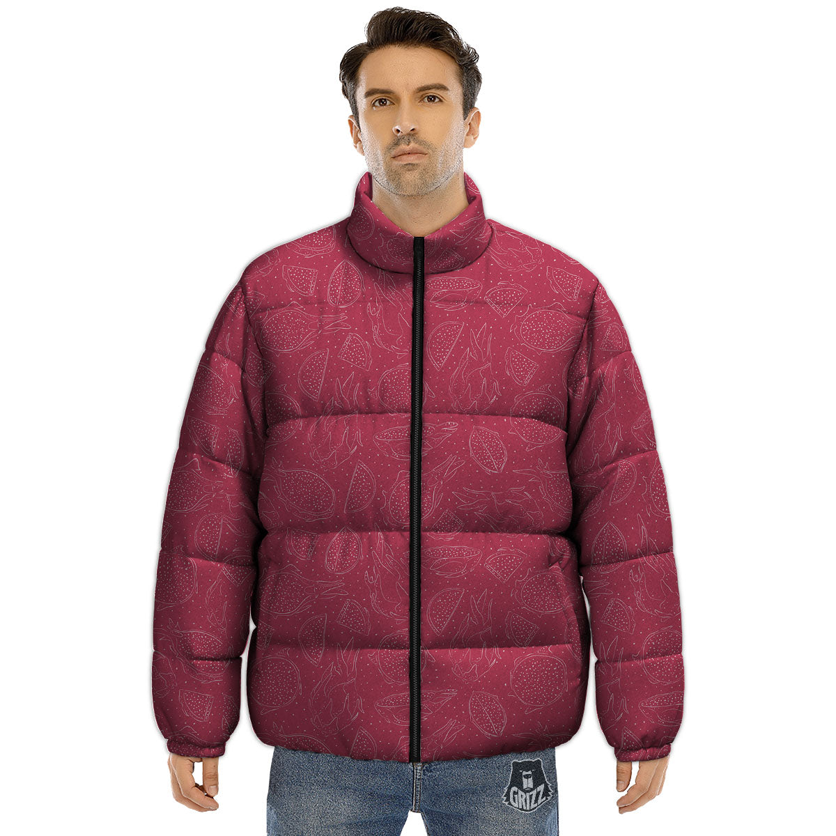 Dragon Fruit Hand Drawn Print Pattern Puffer Jacket-grizzshop