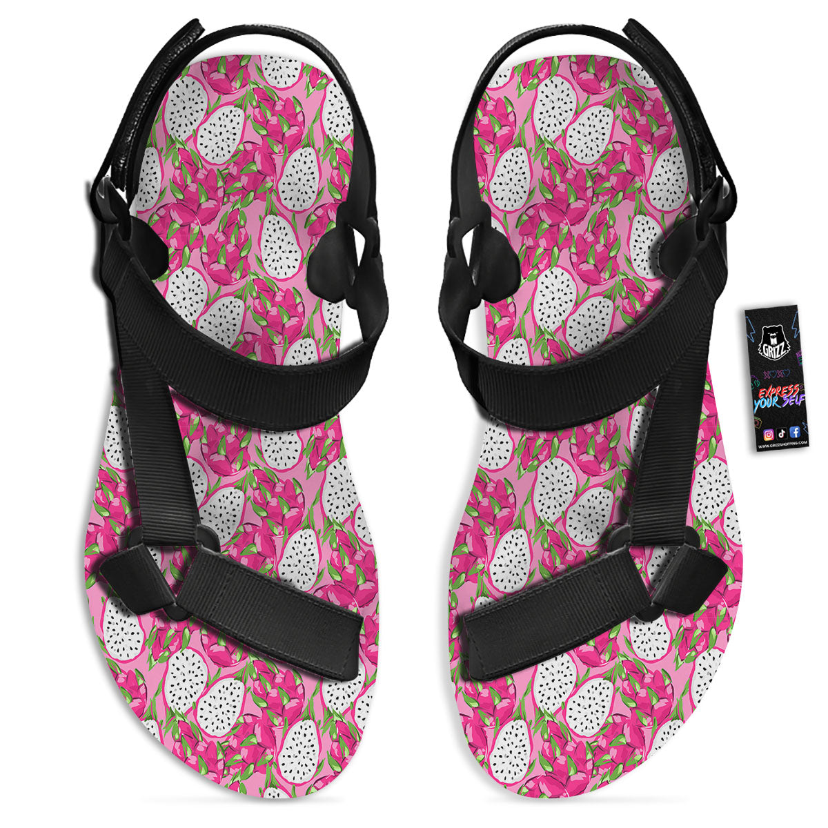 Dragon Fruit Print Pattern Black Open Toe Sandals-grizzshop
