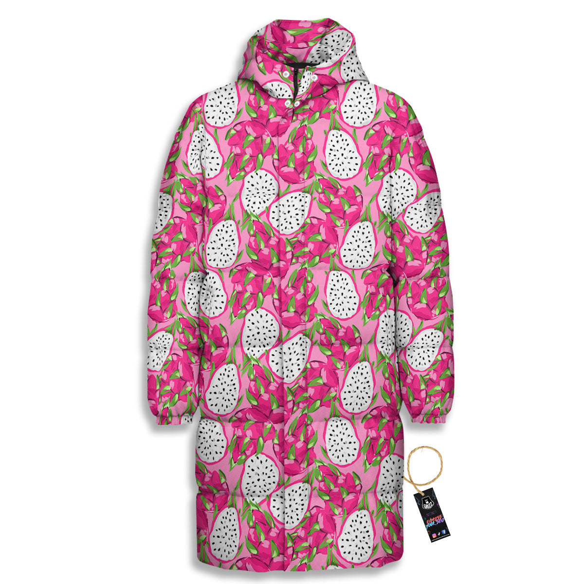 Dragon Fruit Print Pattern Long Down Jacket-grizzshop