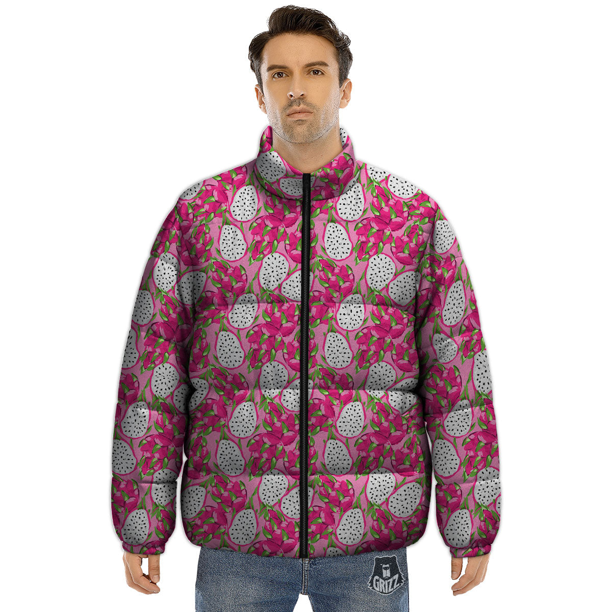 Dragon Fruit Print Pattern Puffer Jacket-grizzshop