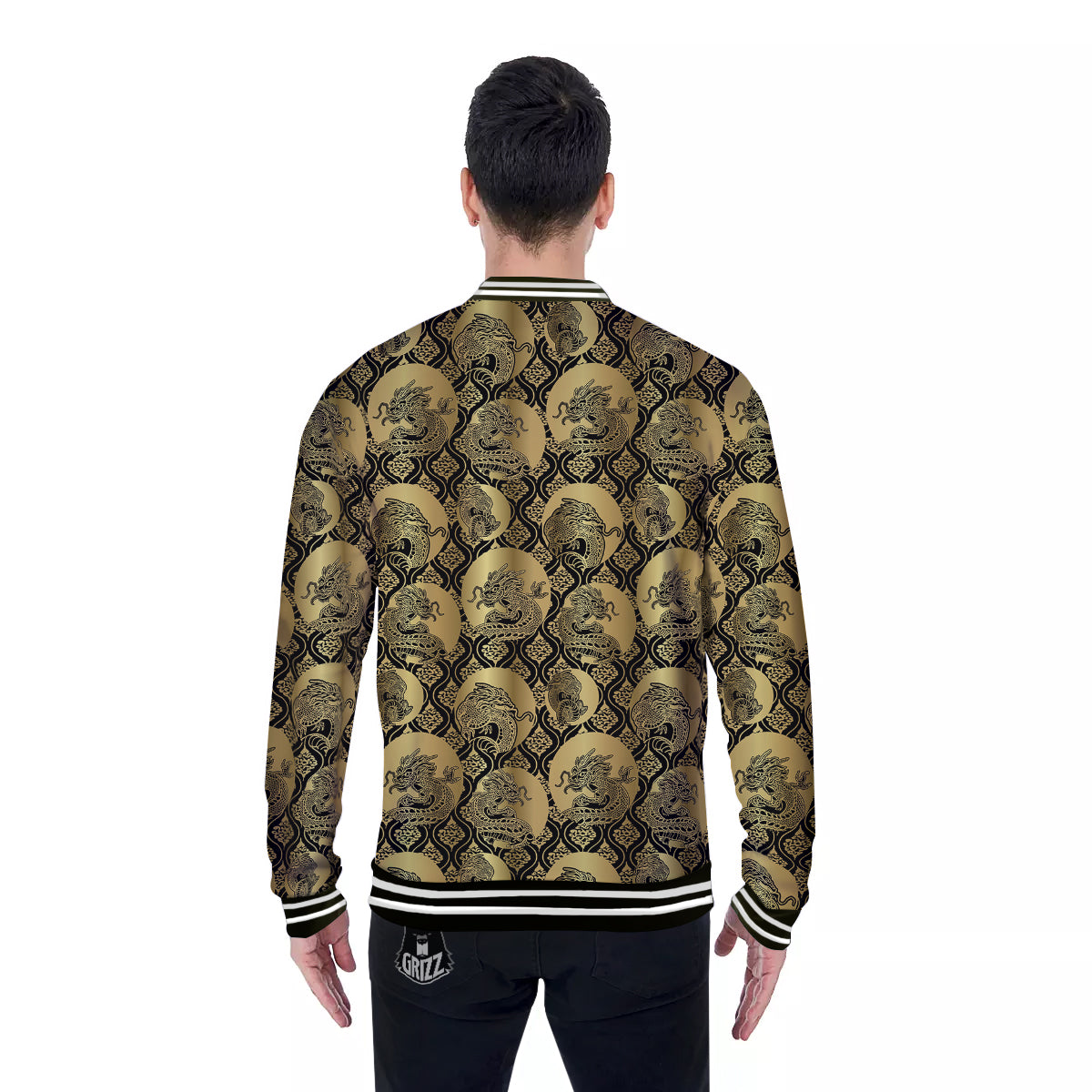 Dragon Gold And Black Print Pattern Baseball Jacket-grizzshop