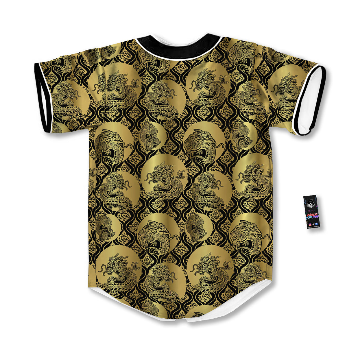 Dragon Gold And Black Print Pattern Baseball Jersey-grizzshop