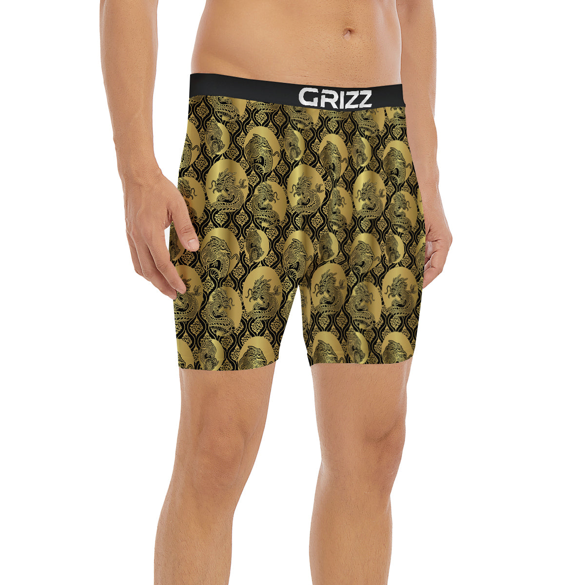 Dragon Gold And Black Print Pattern Boxer Briefs-grizzshop