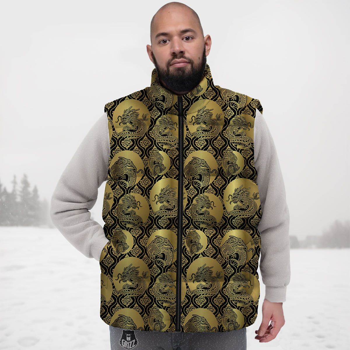 Dragon Gold And Black Print Pattern Down Vest