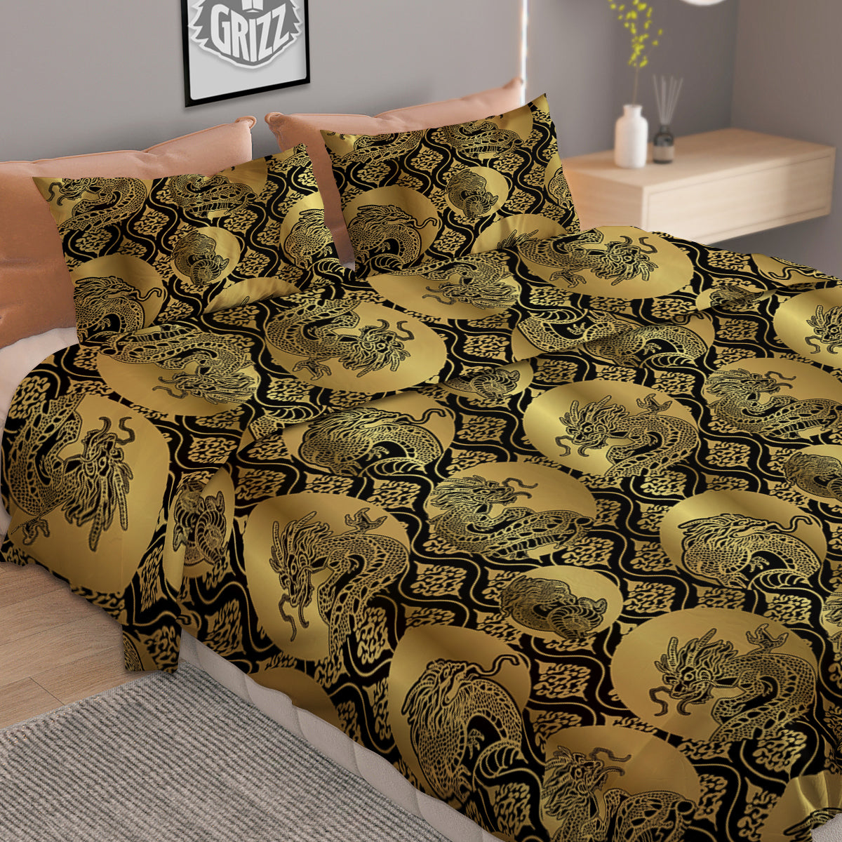 Dragon Gold And Black Print Pattern Duvet Cover Bedding Set