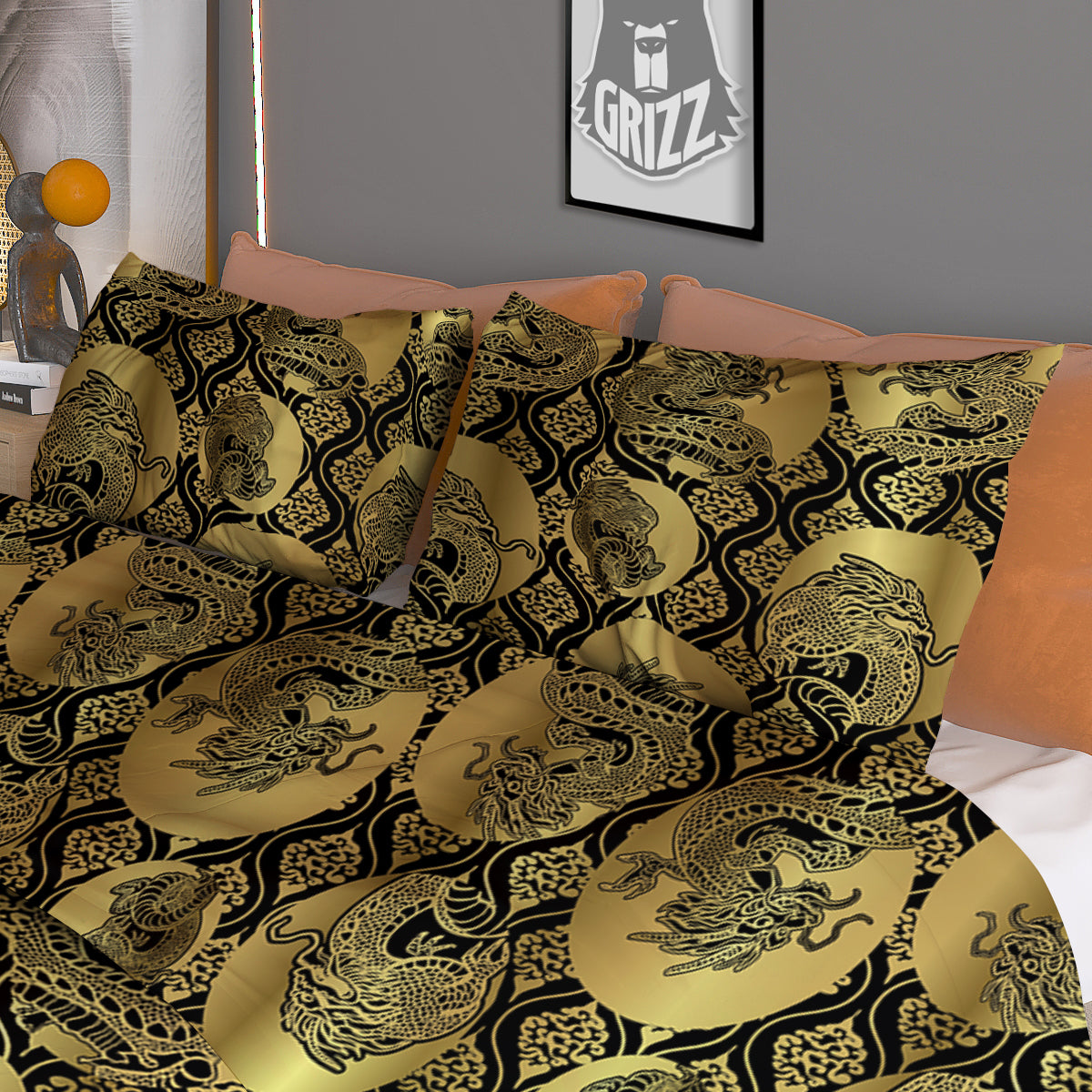 Dragon Gold And Black Print Pattern Duvet Cover Bedding Set