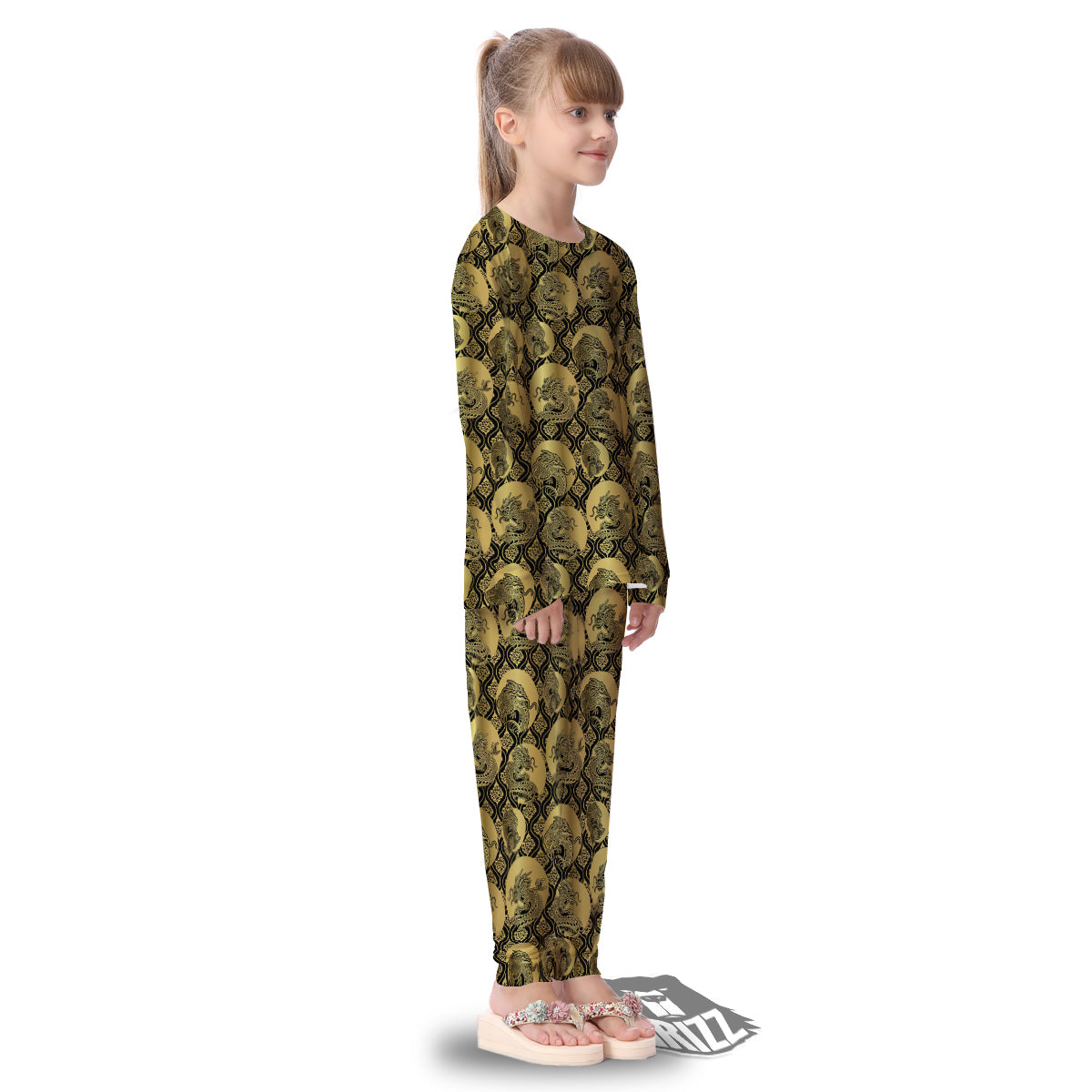 Dragon Gold And Black Print Pattern Kid's Pajamas-grizzshop