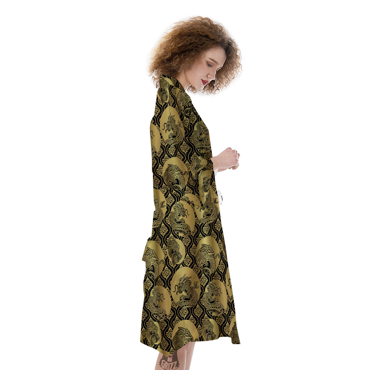 Dragon Gold And Black Print Pattern Kimono-grizzshop