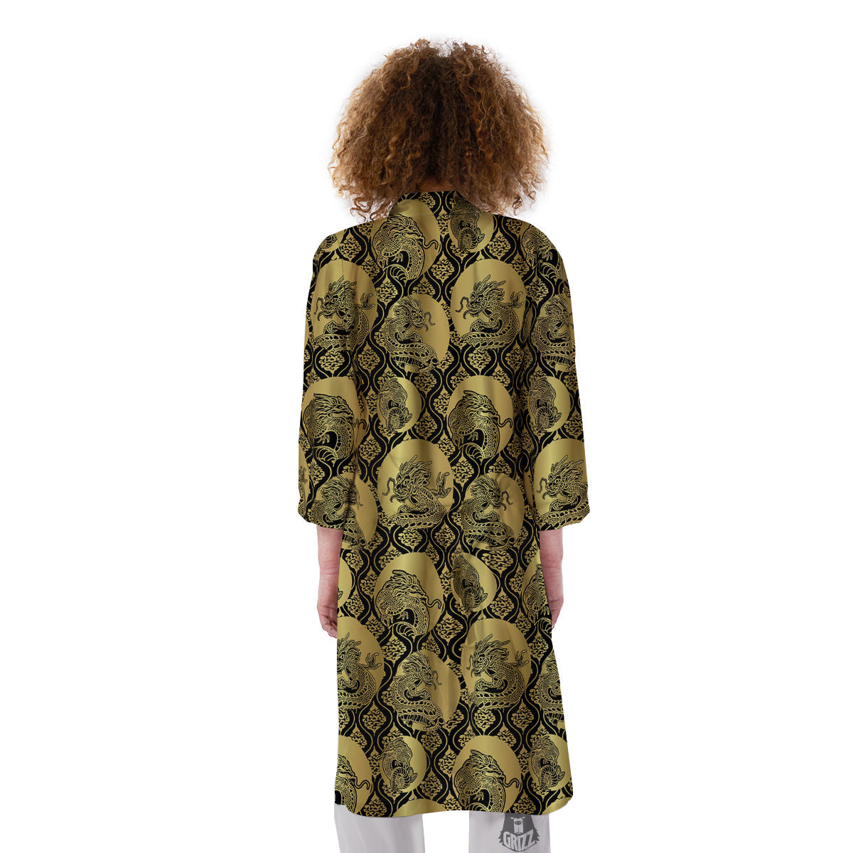 Dragon Gold And Black Print Pattern Kimono-grizzshop